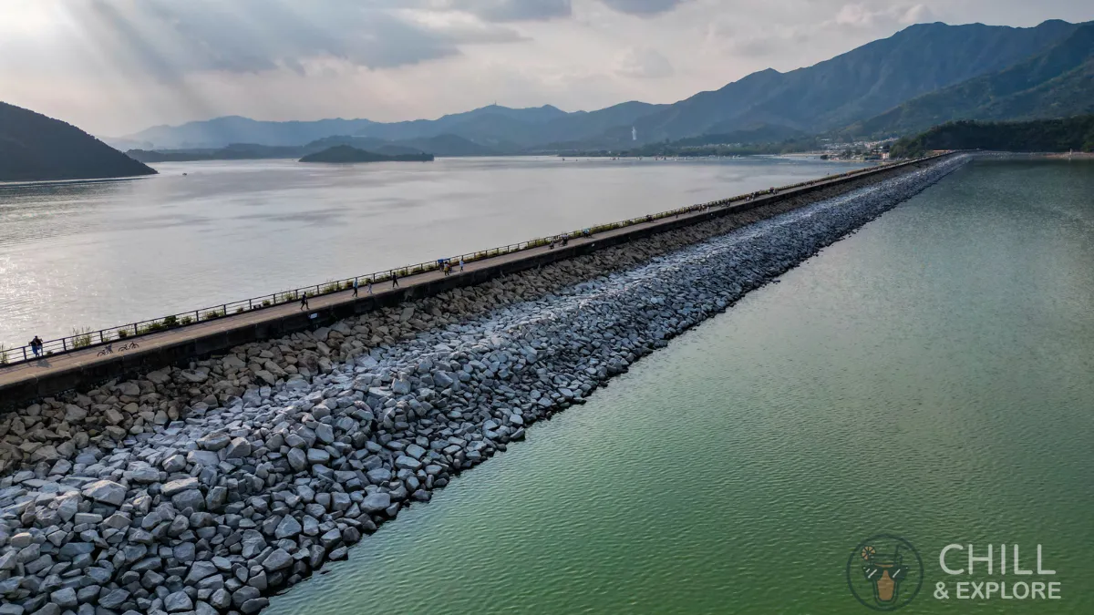 Drone shot of Plover Cove Reservoir Dam